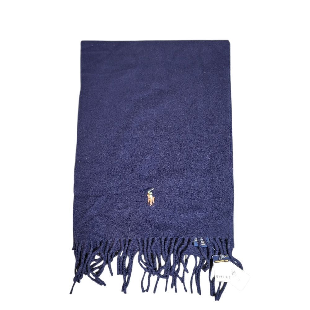 Polo Ralph Lauren Wool Scarf Navy Fringe Made in Italy 70” Embroidered Logo NWT
